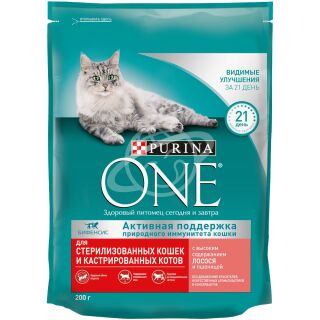 Корм сухой для стерилизованных кошек и кострированных котов "PURINA ONE" с лососем и пшеницей 200г